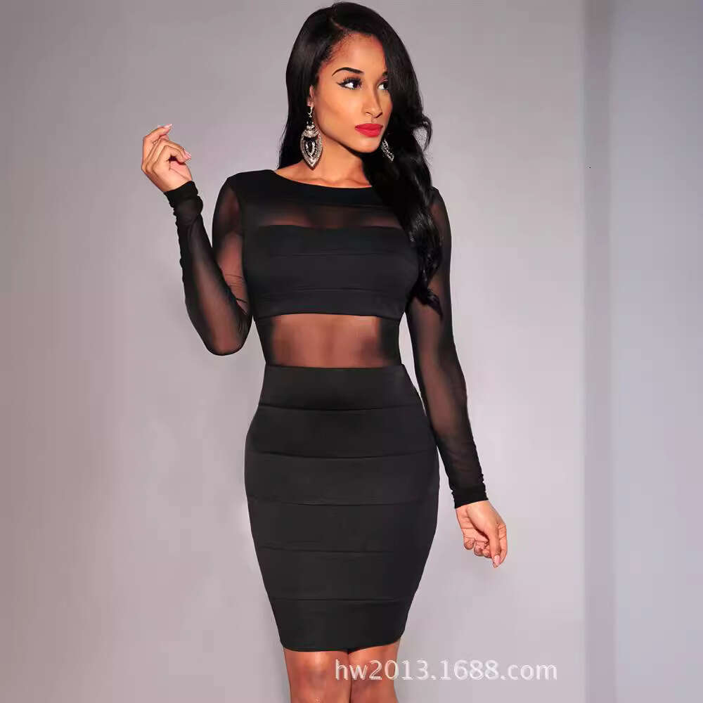 New Women's Fashion Mesh Backless Striped Patchwork Sexy Slim Fit Long Sleeve Round Neck Dress