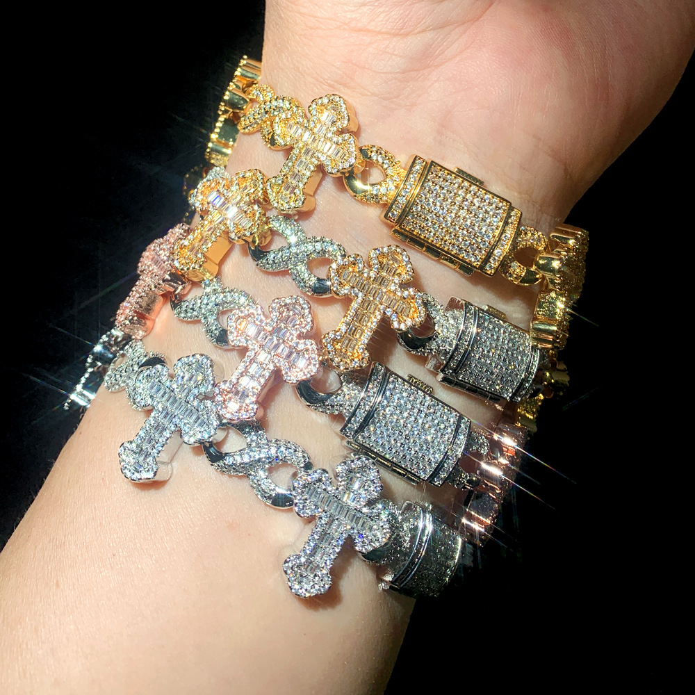 Hip Hop 8 Shape Cross Cuban Tennis Chain Bracelet TopBling Cubic Zircon Women Men Rap Jewelry