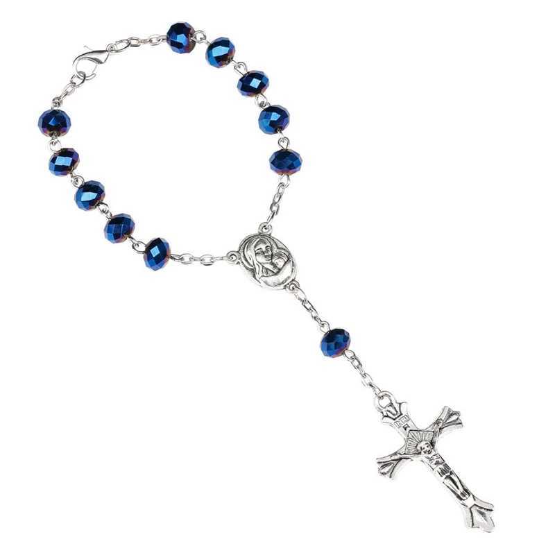 QIGO Blue Crystal Rosary Bracelet Cross Women Catholic Jewelry Gifts W250526