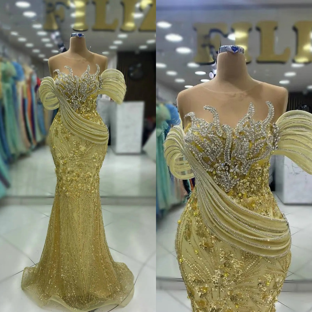 Gorgeous Evening Dresses For Women Sheer Neck Off Shoulder Gown Beaded Sequins Crystal Sweep Train Dress Party Customized Dress