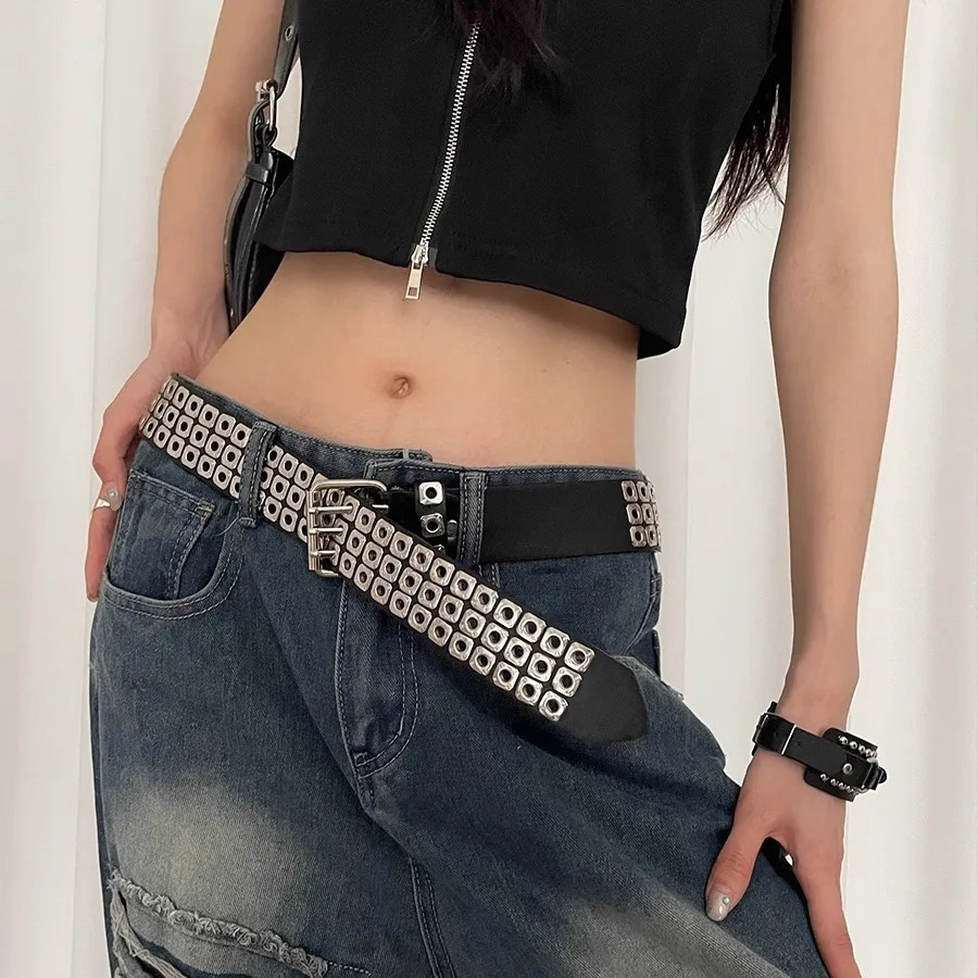 Hip-Hop Y2k Jeans Womens Belts Unisex Adjustable Double Row Needle Buckle Waistband Retro Square Rivet Rock Punk Mens Belt 250520