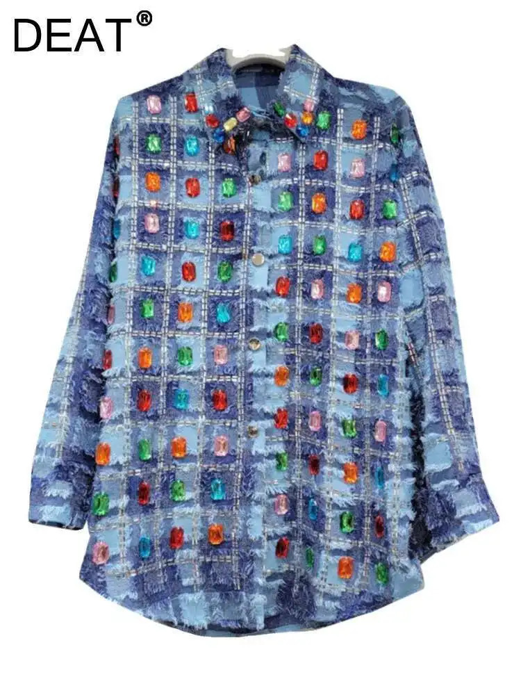 DEAT Womens Denim Shirt Loose Patchwork Plaid Burrs Edge Colored Diamond Single Breasted Blouse Summer Fashion 29L6604 250523