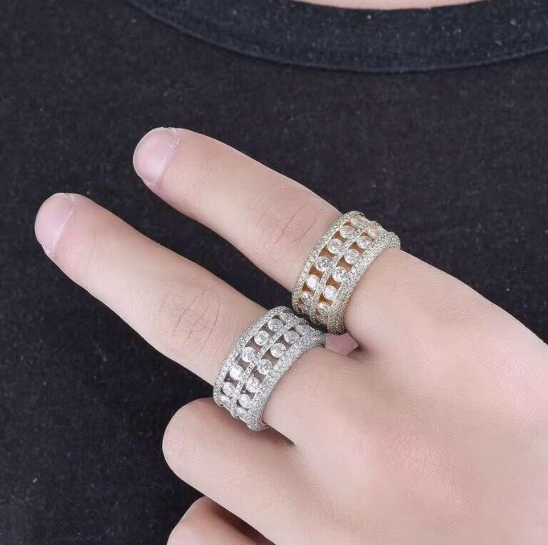 Hip Hop 18K Gold Plated Iced Out Mens Ring Moissanite Set in S925 Silver with Diamond for Wedding Engagement Gift