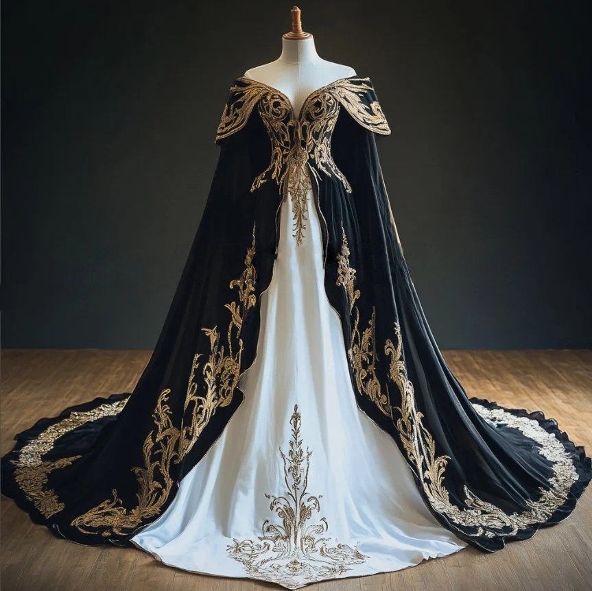 Fantasy Retro Medieval Prom Dresses With Wrap Cape Sleeves Black And White A-Line Evening Gown Gold Applique Corset Satin Long Victorian Dress