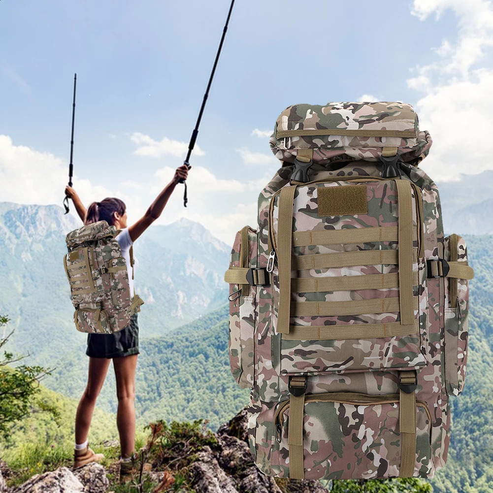 80L Tactical Bag Large Capacity Camouflage Mountaineering Backpack Waterproof Climbing Rucksack Oxford Cloth Sports Knapsack 250729