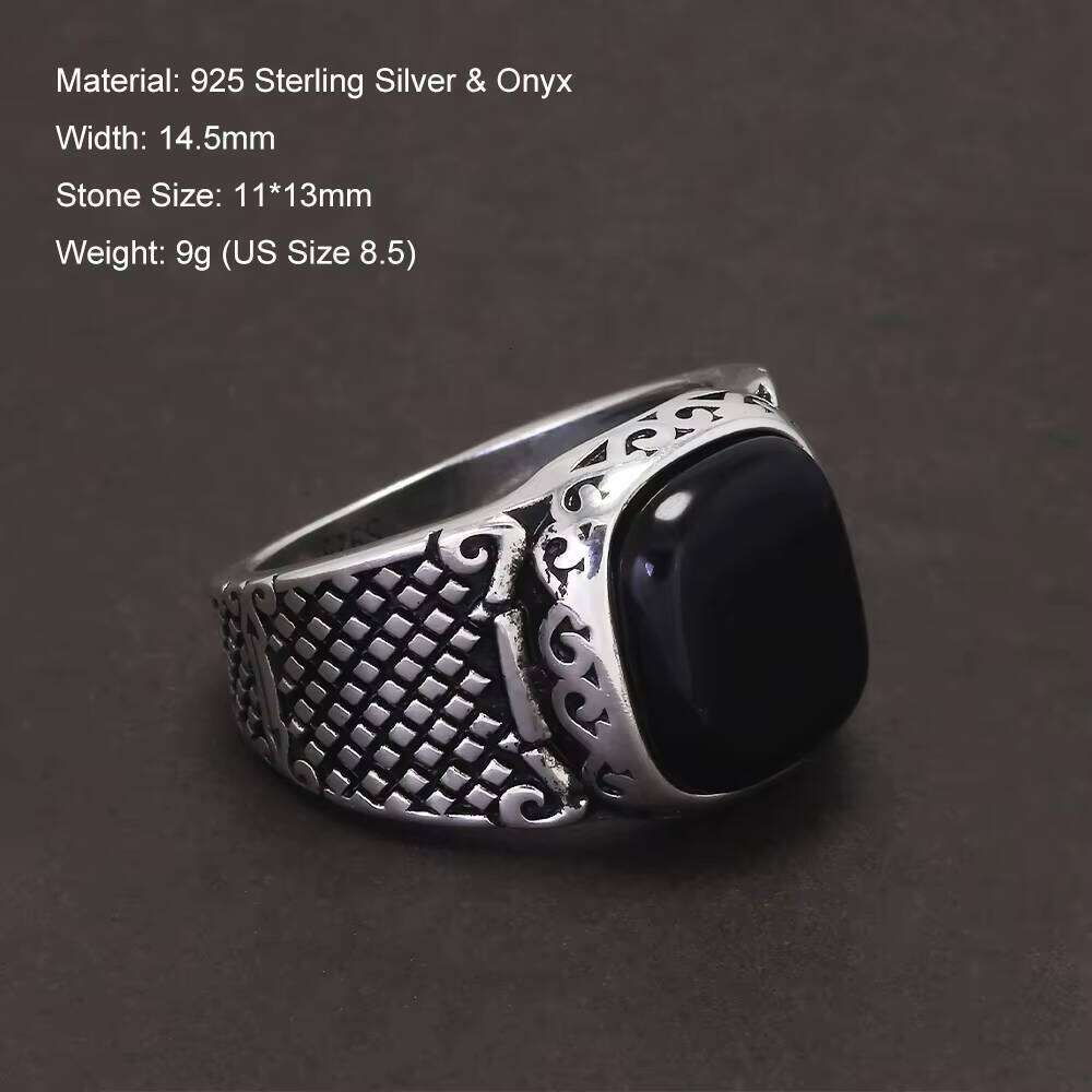 Sterling Sier Black Onyx Stone Signet Ring for Men Vintage Retro Pattern Turkish Pinky Rings Punk Rock Trendy Jewelry