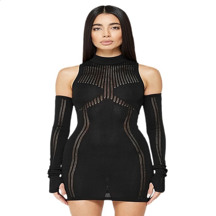 Knitted womens autumn dress sexy perspective tight round neck stitched long sleeve Hip Wrap Skirt 231129