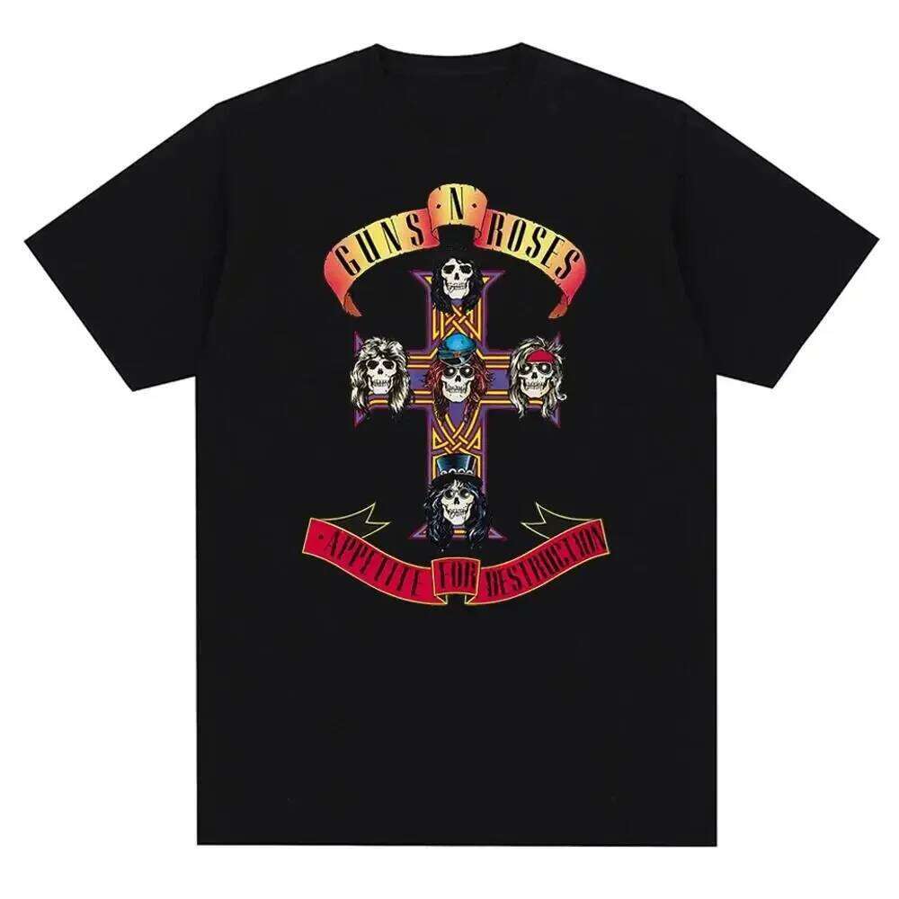Guns N Roses graphic printed rock band retro streetwear round neck fashionable short sleeved T shirt men s and women