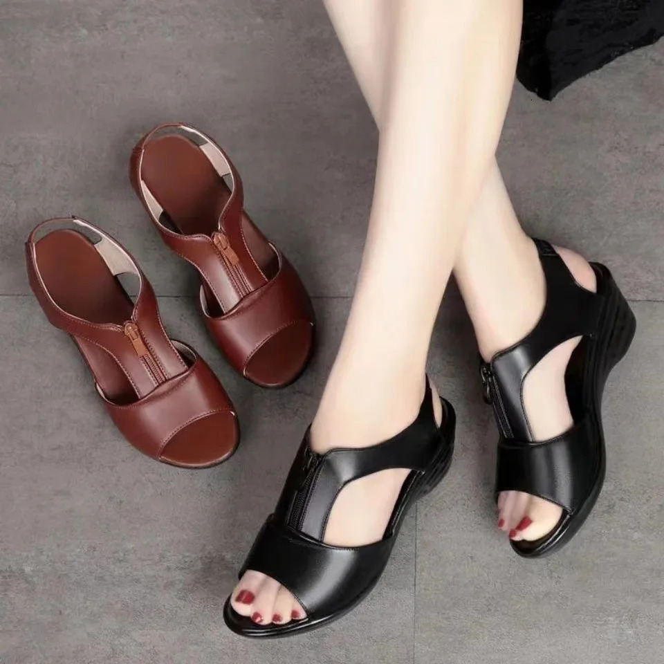 Zipper Wedge Sandals Plus Size 2024 Summer Women Sandals Flat Women Shoes Ladies Roman Sandals 250519