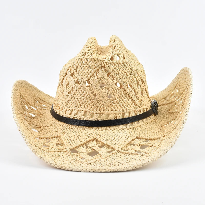 Vintage Western Style Straw Hat for Men Women Summer Hollowing Out Travel Beach Sun Hat Gentleman Lady Cowgirl Jazz Hat 250526