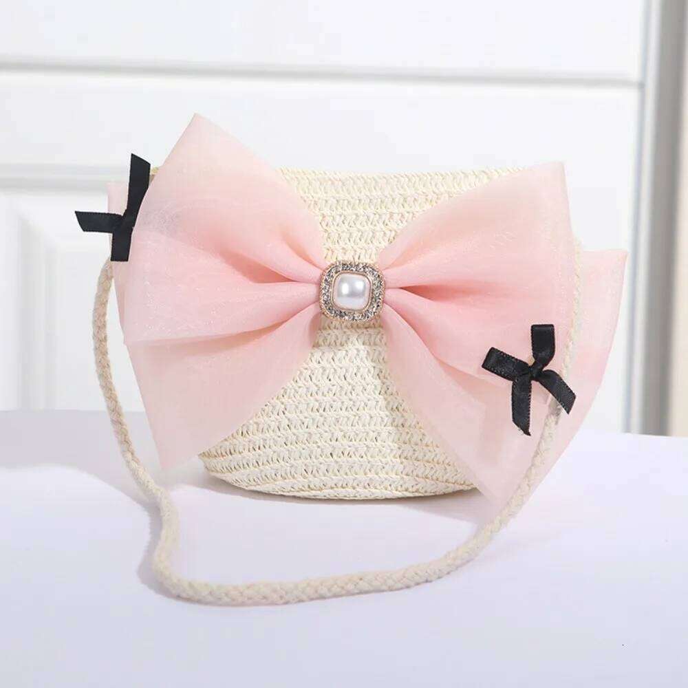 Sweet Kid's Straw Woven Bow Shoulder Outdoor Travel Messenger Beach Bag Mini Children's Coin Purse Handbag
