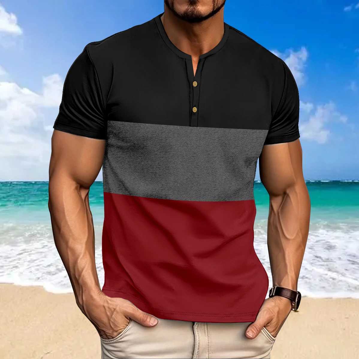 New Color Matching T-Shirt Men Casual Sports Comfort Summer Short Sleeve Henry Neck Mens T Shirts Fashion Basic Male Top Z250527