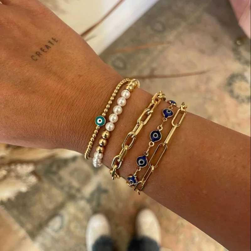 Evil Eye Protection Bracelet Set 18K Gold Plated Adjustable Chain Beaded Jewelry for Women Spiritual Gift Stackable Bracelets W250526
