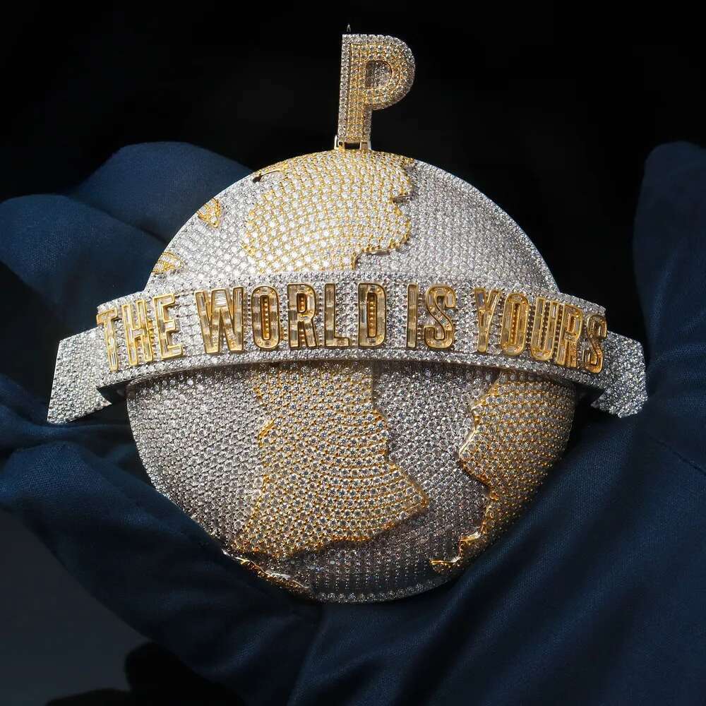 Personalized Custom Iced Out the Earth Sterling Sier VVS Moissanite Baguette Customized World Is Yours Pendant