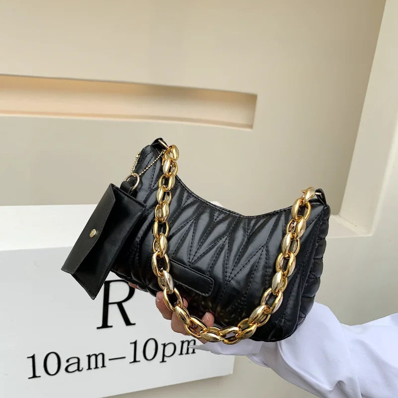 High-quality Lingge Womens One-Shoulder Dumpling Bag Girl Chain Armpit Bag Embroidery Thread Womens Two-Piece Womens Bag PU M 250526