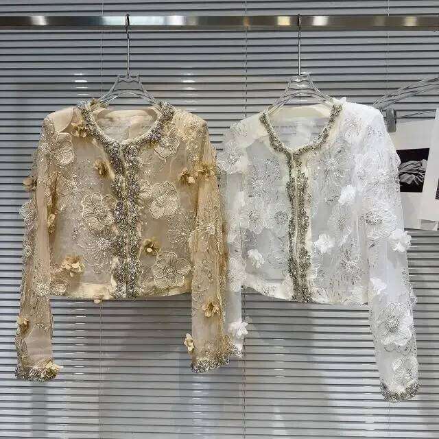 Women 3D Flowers Mesh Spliced Pearls Beaded Coat Sun Protection Thin Floral Embroidery Sequins Gauze Jacket Cardigan Tops