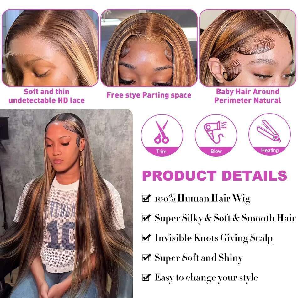 13x6 HD 250% 30 40 Inch Highlight Blonde Ombre 4/27 Bone Straight Front Human Hair Wigs Brazilian 13x4 Lace Frontal Wig