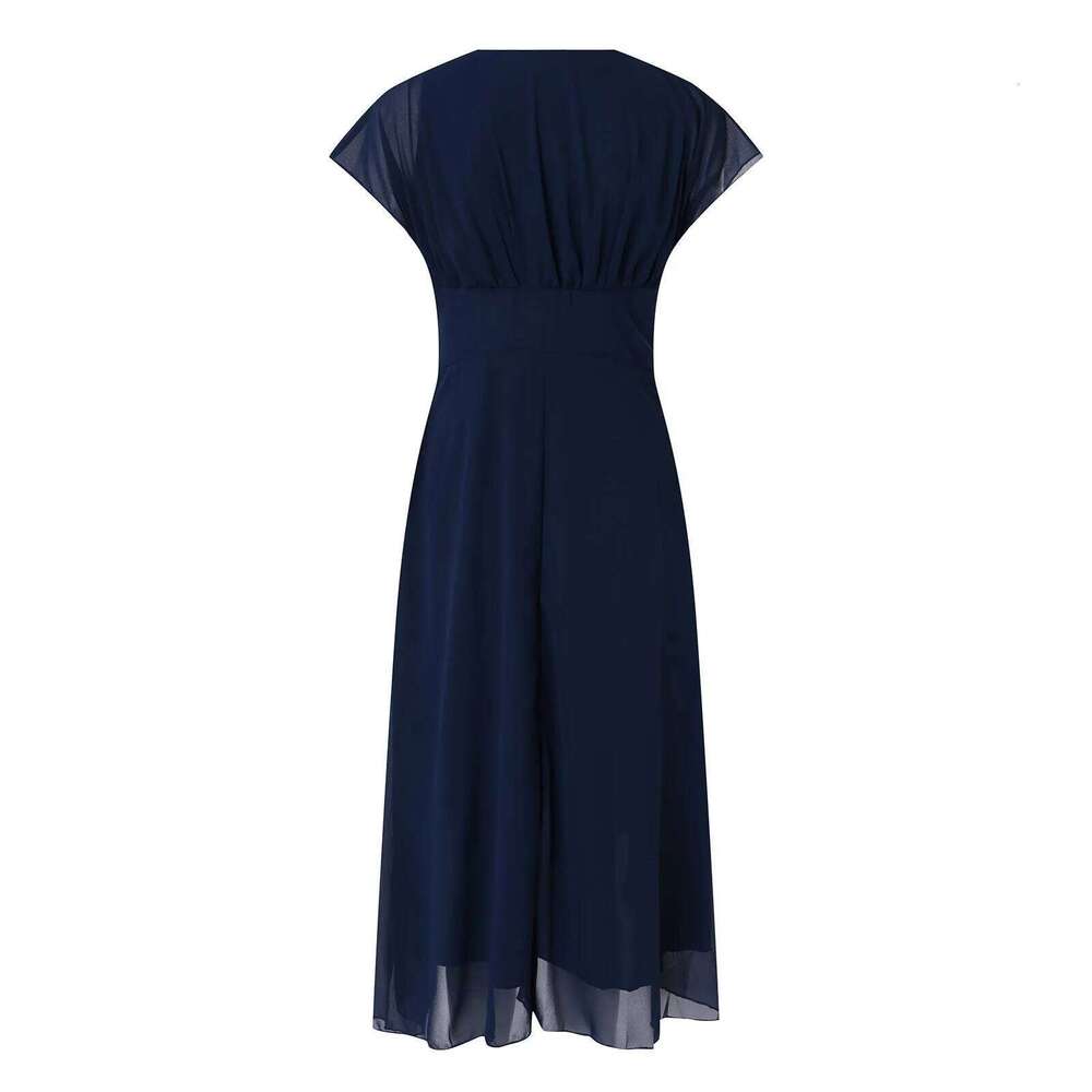 Elegant Women Chiffon Short Sleeve Long V-Neck High Waist A-Line Evening Party Tulle tail Formal Dress Vestidos
