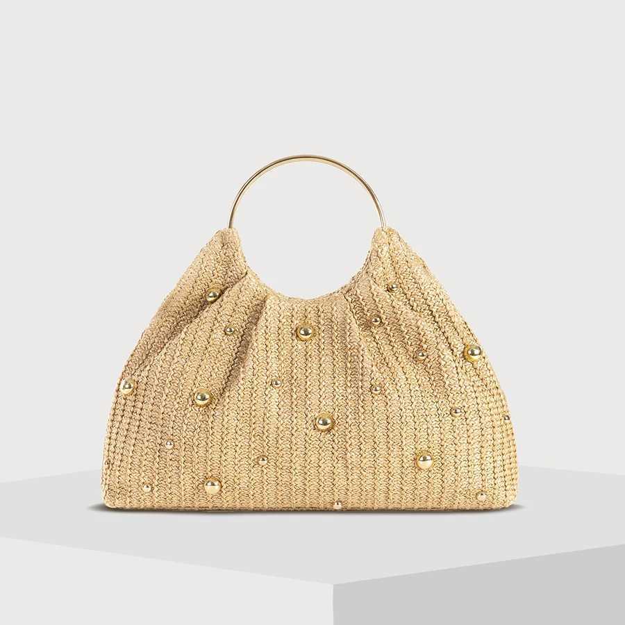 Summer Hand-woven Straw Bag Women Hollowed-Out Metal Round Handle Clutch Purse Bead Decoration Cloud Handbag Travel Beach Totes W250527