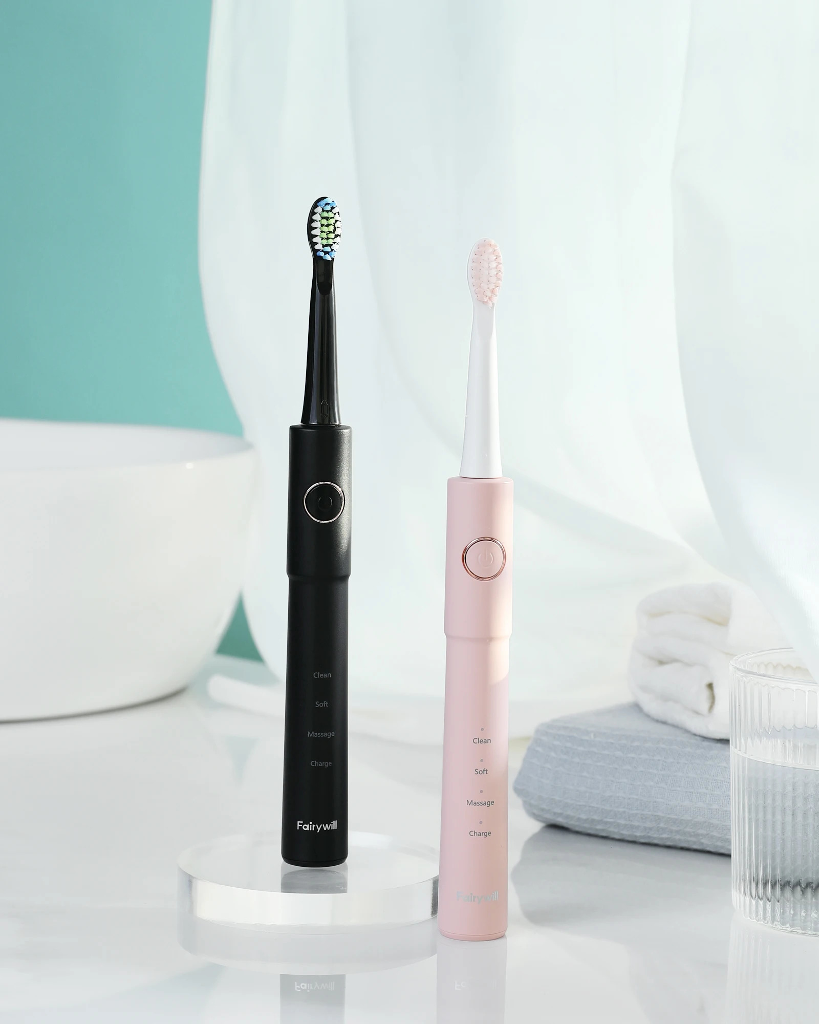 Fairywill Sonic Electric Toothbrush E11 Waterproof USB Charge With 8 Brush Replacement Heads Black and Pink Set for Couple 250527