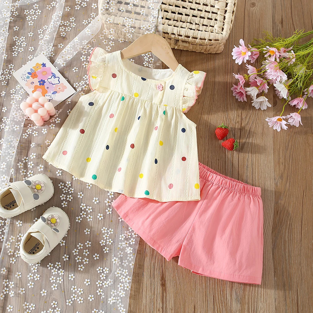 Summer Baby Girl Colored Polka Dot Small Flying Sleeve Top And Shorts Set Beach TwoPiece Set 250527