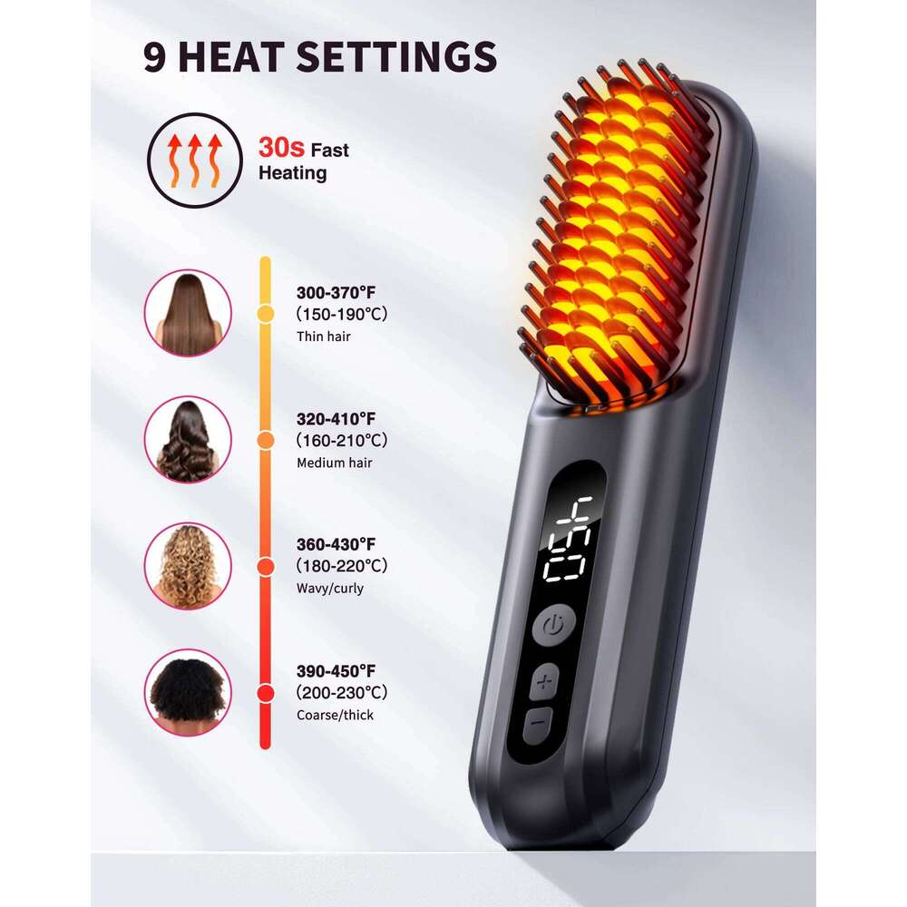 BOPCAL Cordless Straightener Brush 10000mAh LED Display Negative Ions Hair Care Ceramic Electric Hot Heating Comb