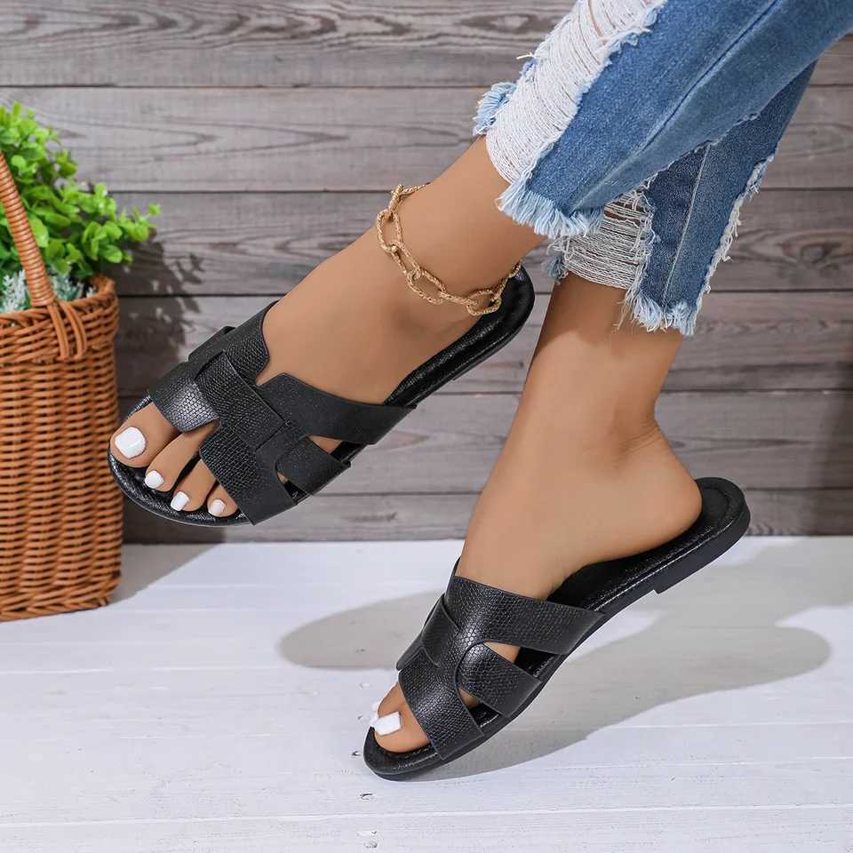 Womens Black Flat Slippers Open Heel Sandals Casual Beach Shoes Indoor Outdoor Wear Comfortable Slip-On FootwearXJ250527
