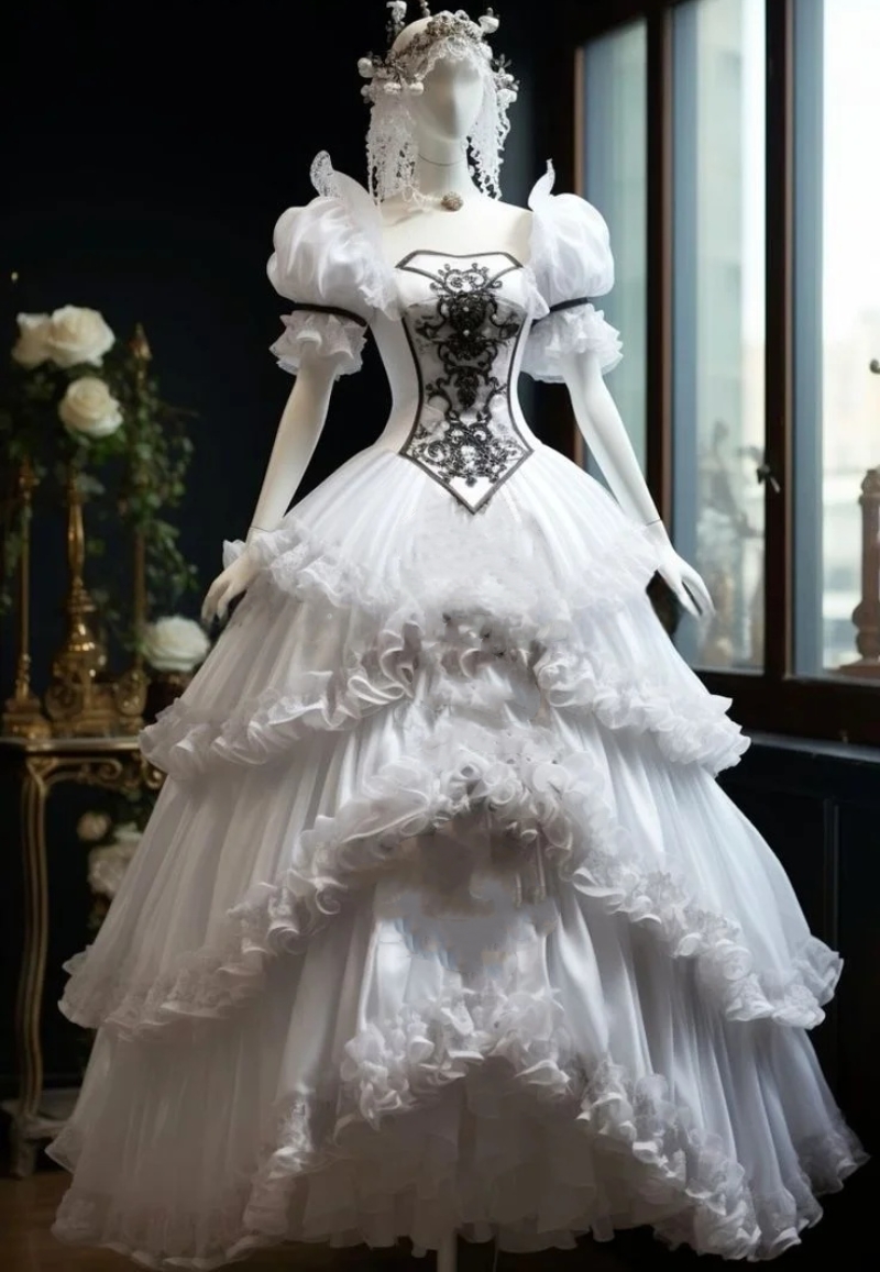Vintage Black and White Gothic Wedding Dresses Ruffles Tiered Elaborate Flounce Layers Puff Sleeves Medieval Bridal Gown Renaissance Medievalesque Bri