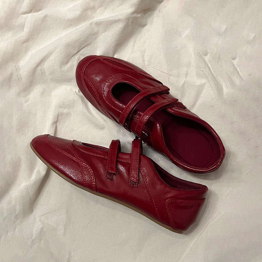 Cowhide Version ~ Velcro Casual Sneakers for Women Versatile Ballet Style Mary Jane Genuine Leather Red Flat Shoes Trendy
