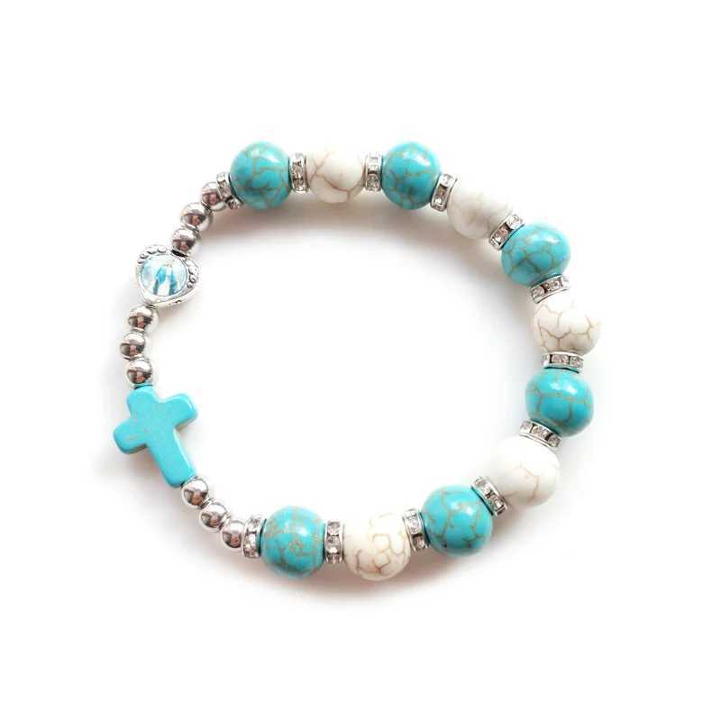 Cross Elastic Rosary Bracelet Blue Stone Beads Strand Jewelry For Men Women W250526