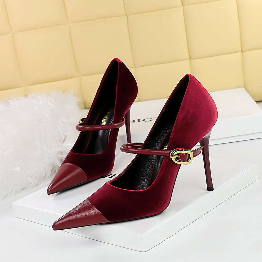 Banquet high-heeled suede pointed metal buckle single strap single shoe fashionable high-end women's high-heeled sandals
