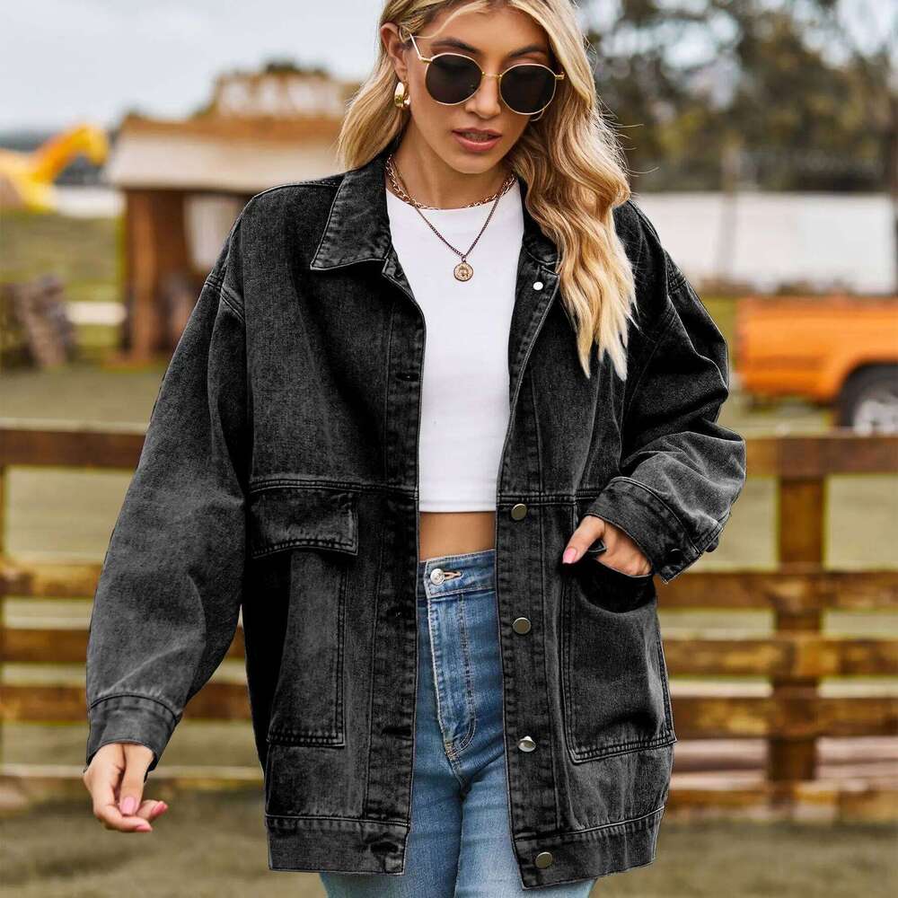 2023 Autumn New Women's Long Sleeve Denim Jacket Fashion Loose Versatile Mid-Length Jeans Coat Casual Clothing S-2Xl