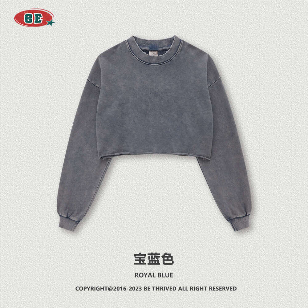 BE Women's Fashion|2025 Autumn Winter 380G Washed Frayed Short Spicy Girl Long Sleeve T-Shirt Street Fashion Brand Top for Women