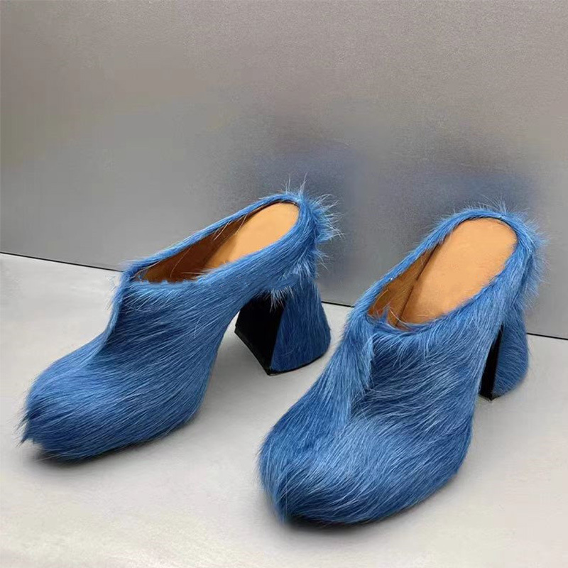 Rose Red Round Toe Horse Hair Hoof Heel Slippers Thick Bottom High Heel Platform Trendy Women's Shoes Spring Mules Large Size