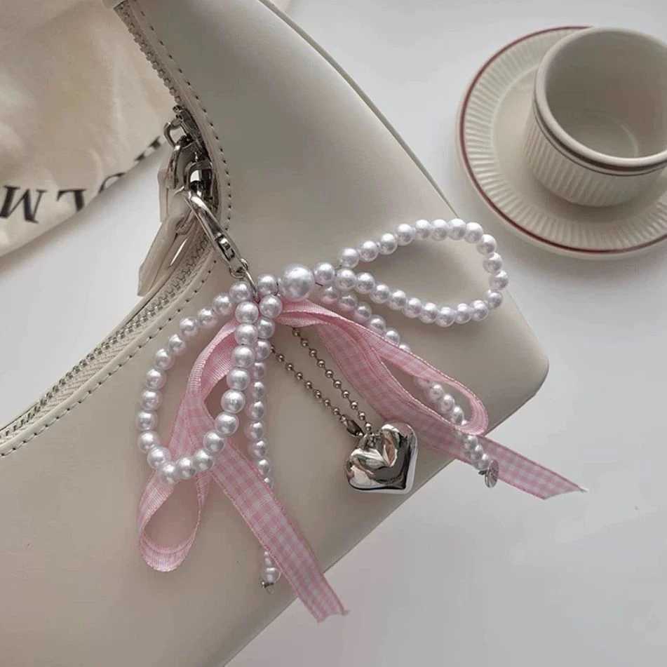 Y2K Lattice Ribbon Bowknot Pearls Bag Pendant Charm Heart Keychain Elegant Beaded Keyring Sweet Key Chain Phone Key Bag Hangings W250526
