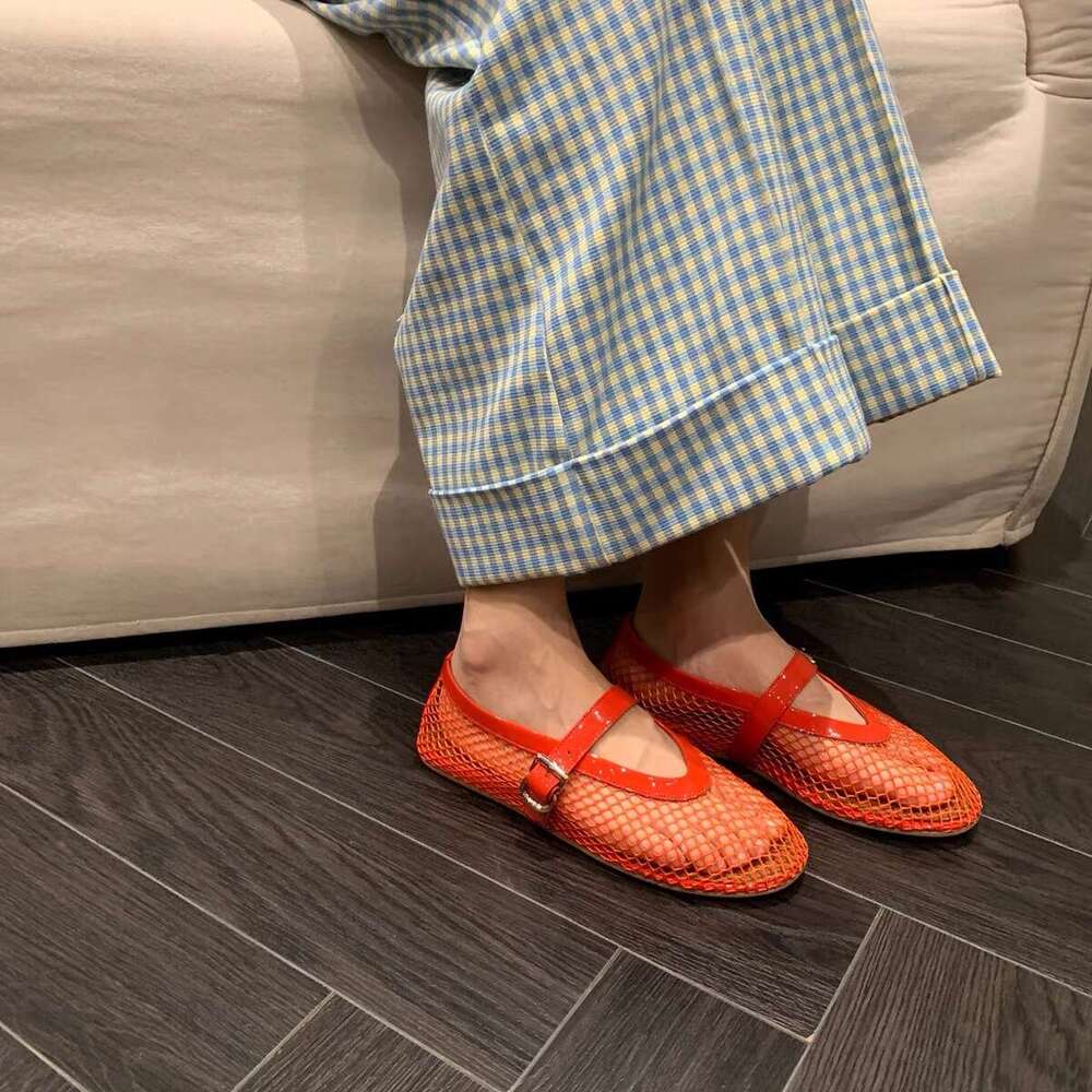 French Style Hollow Mesh Sandals for Women Summer Outdoor Round Toe Flat Ballet One-Strap Shallow Mouth Mary Jane Single Shoes