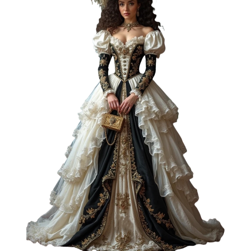 Vintage Baroque Style Prom Dresses Black And White Long Sleeves Renaissance Evening Gown Lace Applique Ruffles Special Occasion Wear