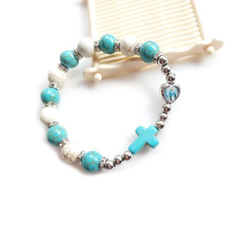 Cross Elastic Rosary Bracelet Blue Stone Beads Strand Jewelry For Men Women W250526