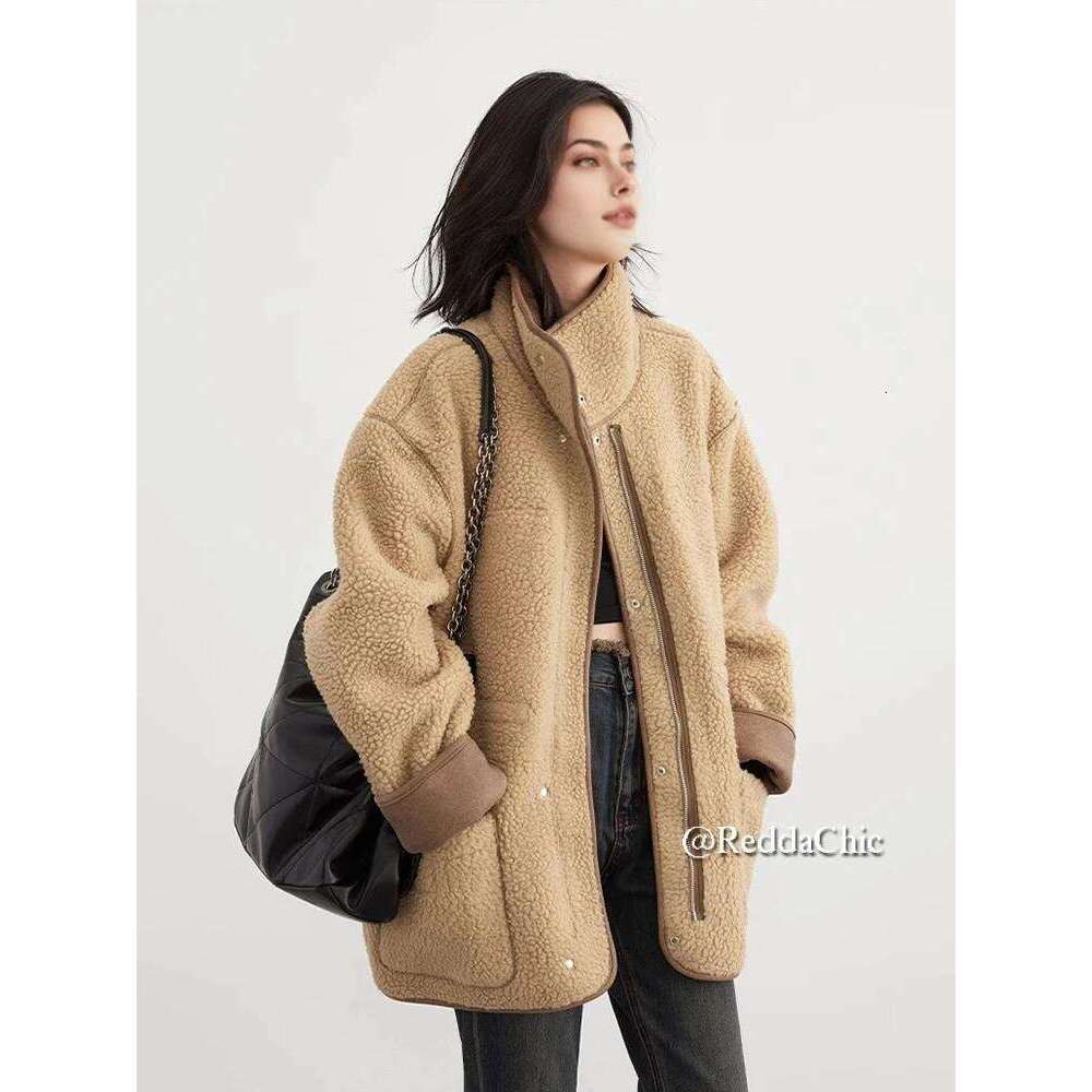Reddachic Korean Reversible Bomber Jacket Women Work Casual Drawstring Brown Leather Fleece Oversize Coat Retro Winter Outerwear
