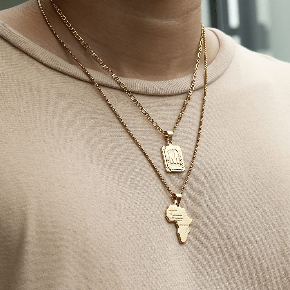 A-Z Stainless Steel Letter Map Necklace Set For Women Men 3+1 Figar Curb Chain Layered Jewelry Gift 18 22inch Set