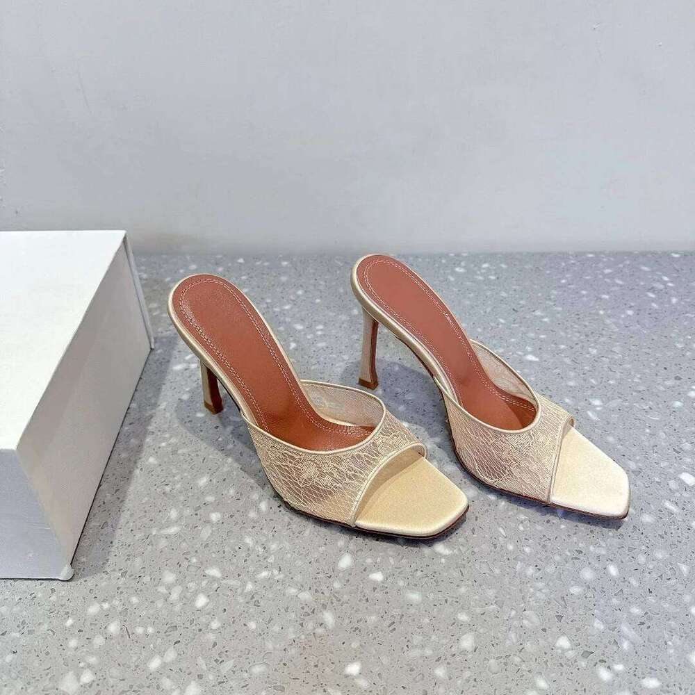 Hot Square Peep Sales High Heels Slippers Toe Runway Party Shoes Woman Summer Slides Mesh Lace Heeled Sandals Women