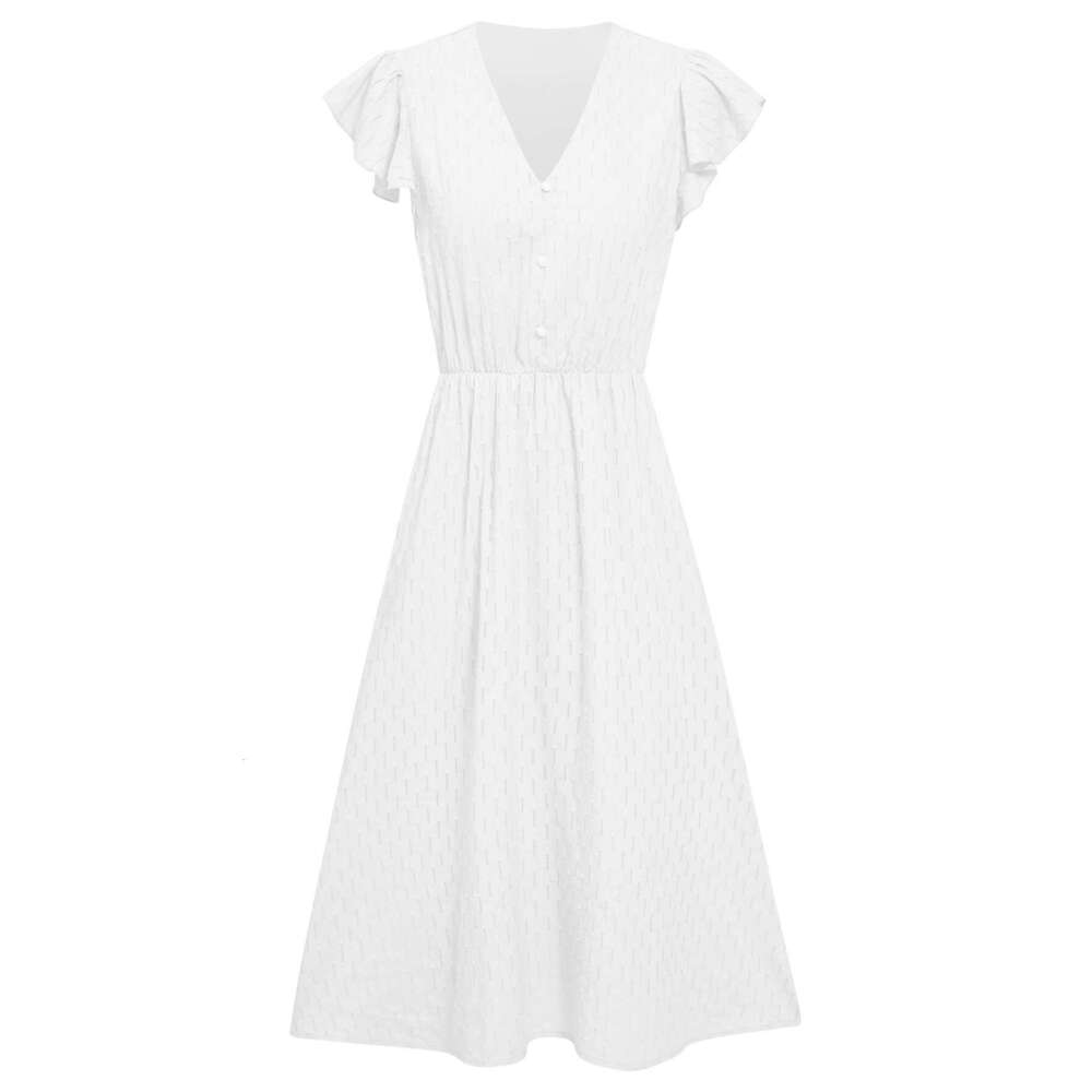 2025 Spring/Summer New Casual Solid Color V-neck Waist-cinching Fresh Style Women's Dress