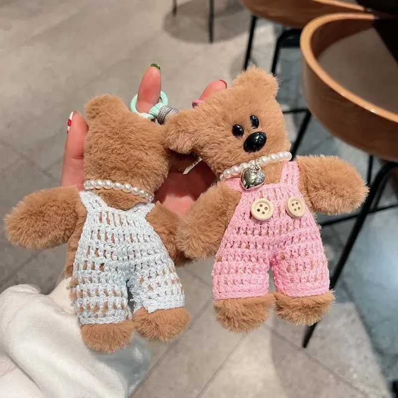 15cm Plush Small Bear Toy DIY Keychains Cute Handmade Knitted Overalls Bear Keychain Animals Pendant Kids Women Bag Accessories W250526