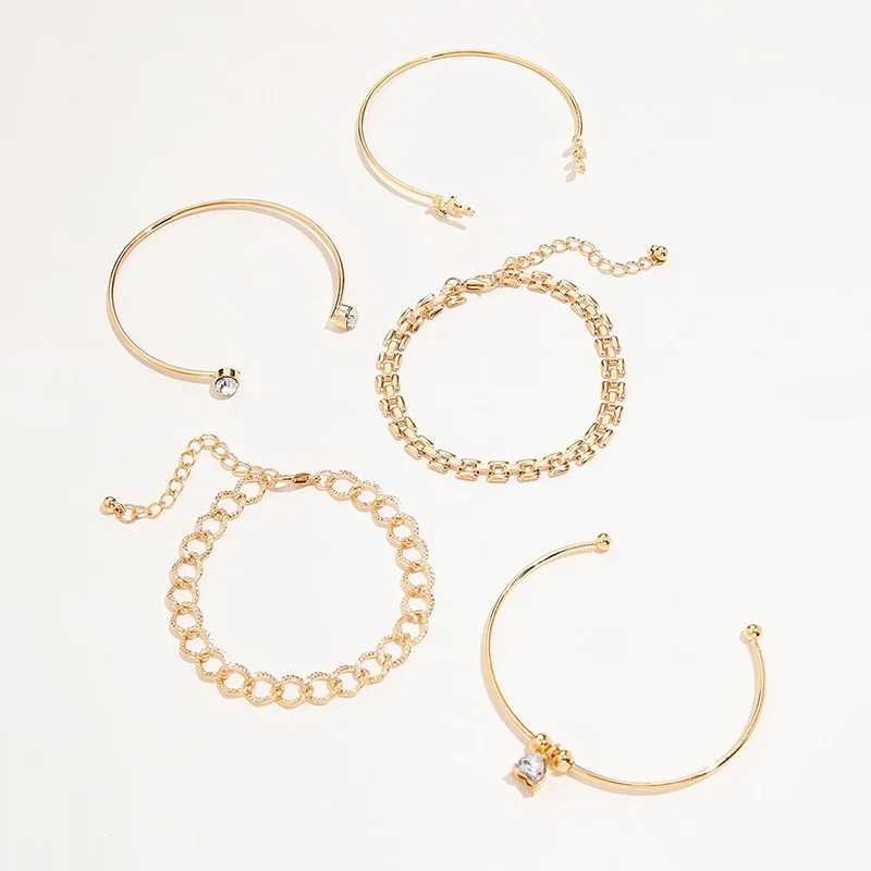 Trendy Geometric Link Chain Bracelet Set For Women Rhinestones Gold Color Leaves Heart Pendant Open Cuff Bangle Girls Jewelry W250526