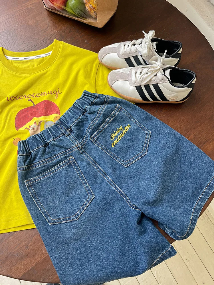 Summer Boys and Girls Casual Korean Embroidered Back Letter Fashion Denim Shorts Children Clothing 250527