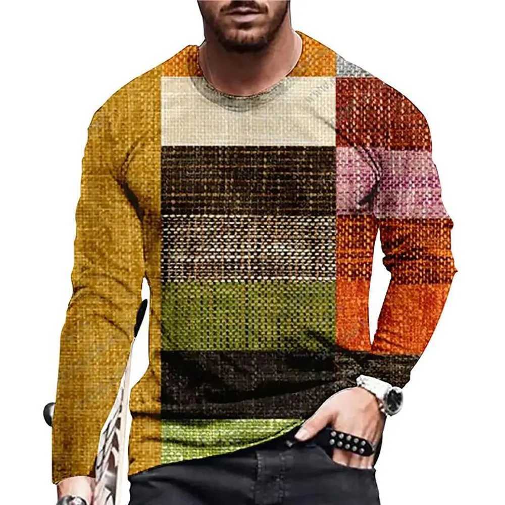 Retro Men Round neck long sleeved variegated T-shirt Color Block 3D Print T-shirts Spring Autumn Loose Casual Top Mens clothing Z250527