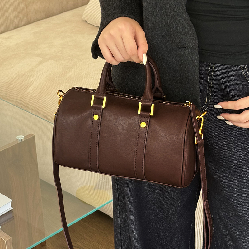Real Leather Maillard Women's Handbag Light Luxury Western Style Boston Designer Bag Plant Tanned Cowhide Single Shoulder Crossbody Bag