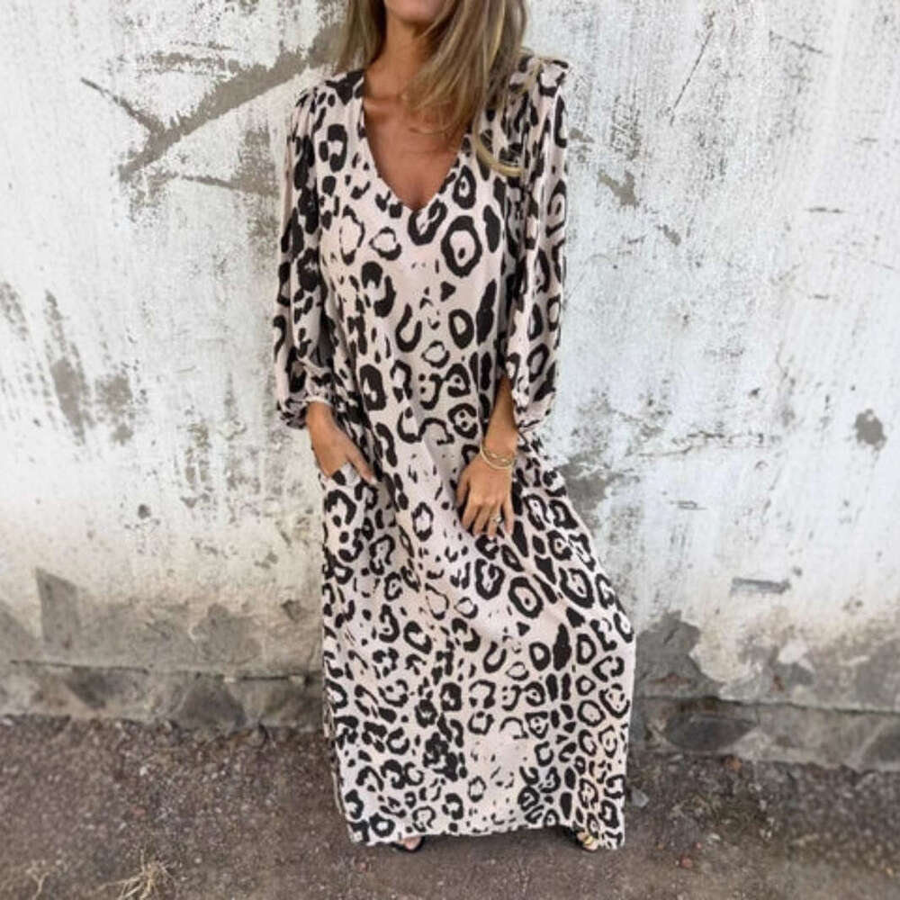 2025 Spring Summer Women Elegant V Neck loose Graffiti Casual Holiday Style Midi Dress
