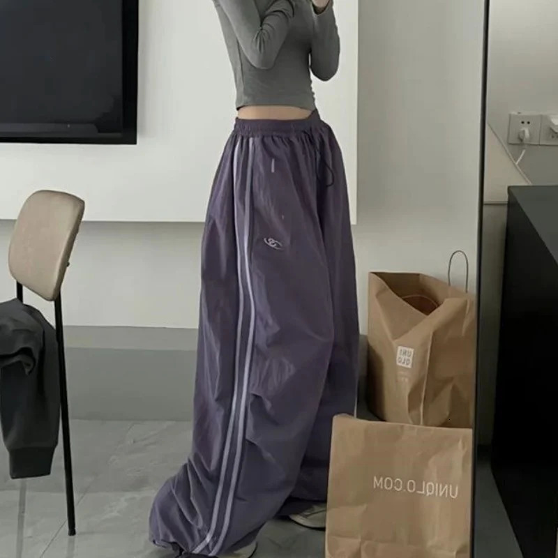 Retro SweatPant Oversized Baggy Pants Fashion Women Striped Elastic Waist Pocket Wide Leg Pant Streetwear Vintage Y2K Trousers 250526
