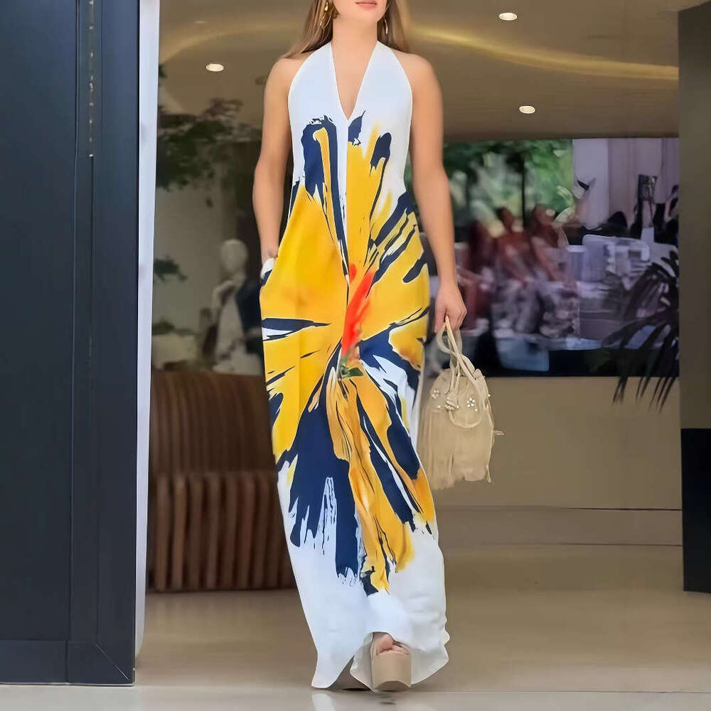 2025 Halter Neck Tie Sunflower Print Maxi Dress